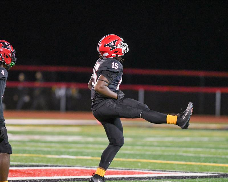 Yorkville's James Sapp Jr. (15) celebrates after tackling Joliet West’s quarterback during the game on Friday Sept. 5, 2025, held at Yorkville High School.