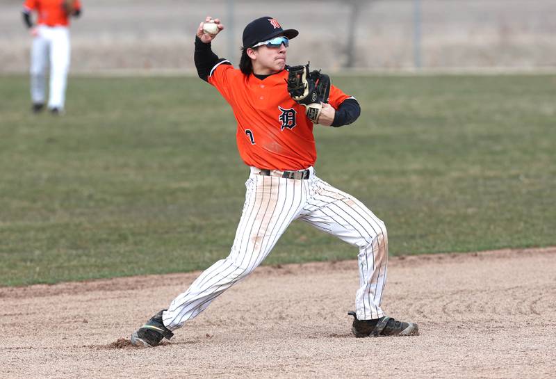 DeKalb's Nathaniel Nunez throws the ball to first during their game against Jefferson Wednesday, April 6, 2022, at DeKalb High School.