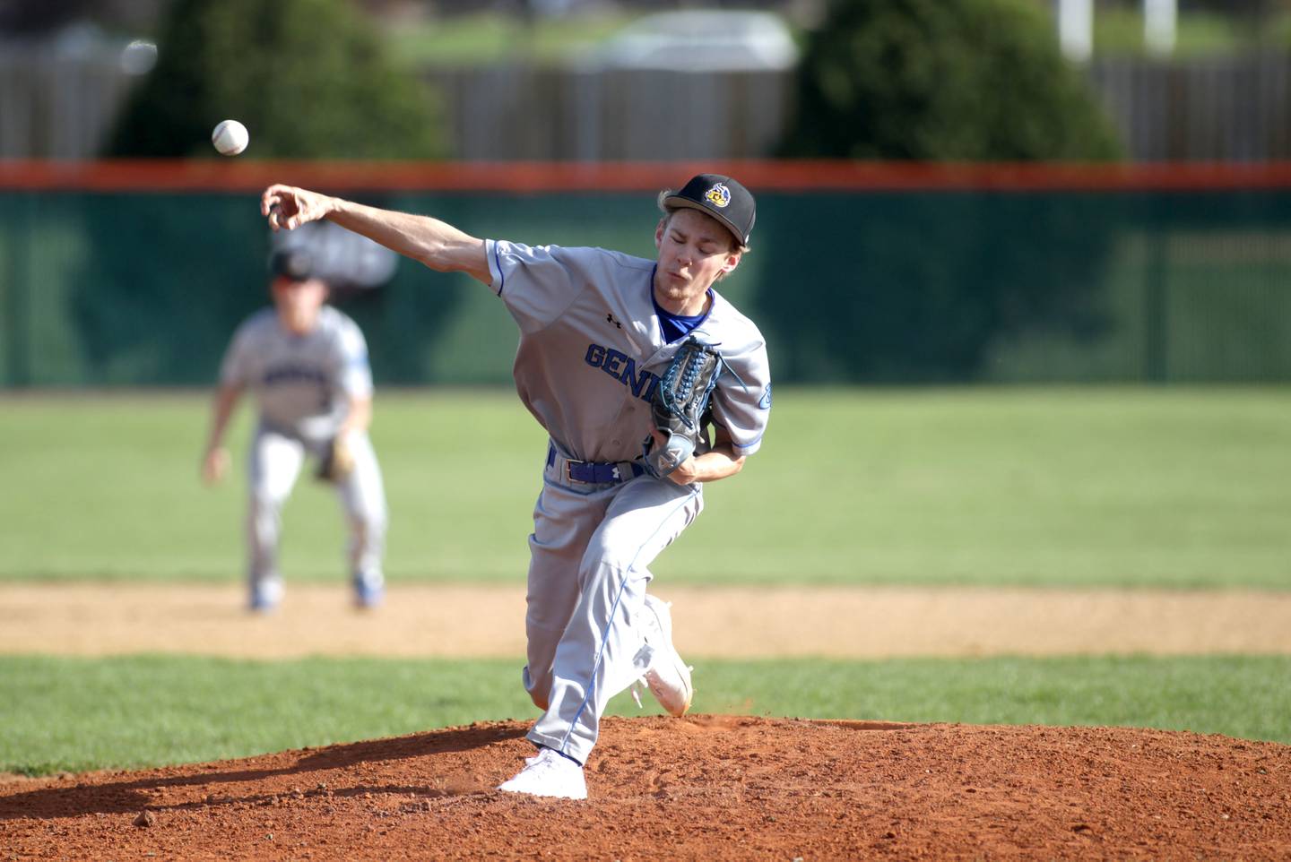 Geneva’s Seth Kisner pitches during a game at St. Charles East on Friday, April 28, 2023. East won 7-6.