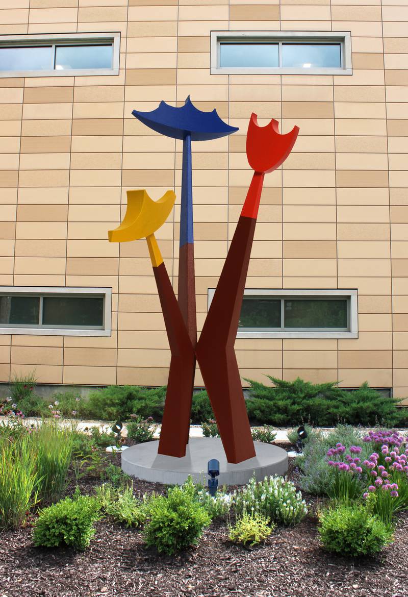 A rendering of Hortus, a 14-foot Corten steel sculpture, is expected to be completed and installed this fall at the Geneva Public Library as public art by the Dudley D. and Delores R. Malone Family Foundation. The sculpture will be installed in the Memorial Garden, also provided by the Malone Family Foundation.