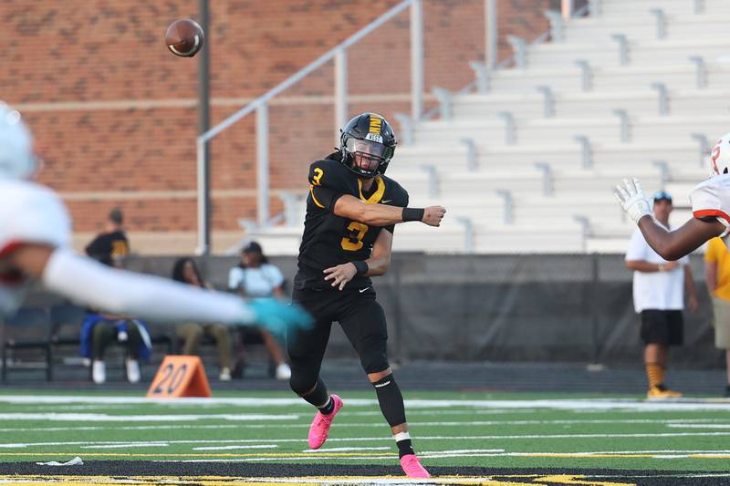 Joliet West’s Juan Rico slings a pass against Shepard on Friday, Aug. 25, 2023 in Joliet.