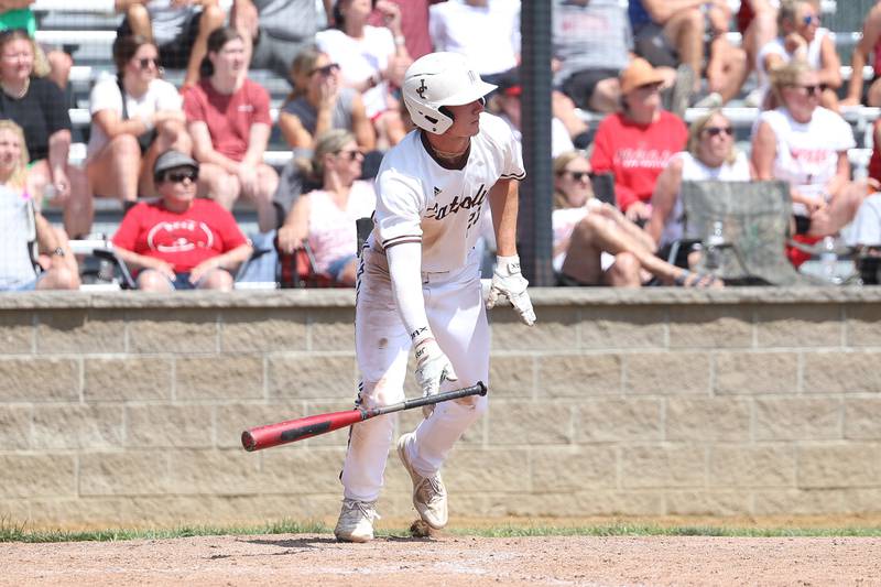 Joliet Catholic’s Trey Swiderski connects against Spring Valley Hall in the Class 2A Geneseo Supersectional on Monday, May 29, 2023 in Geneseo.