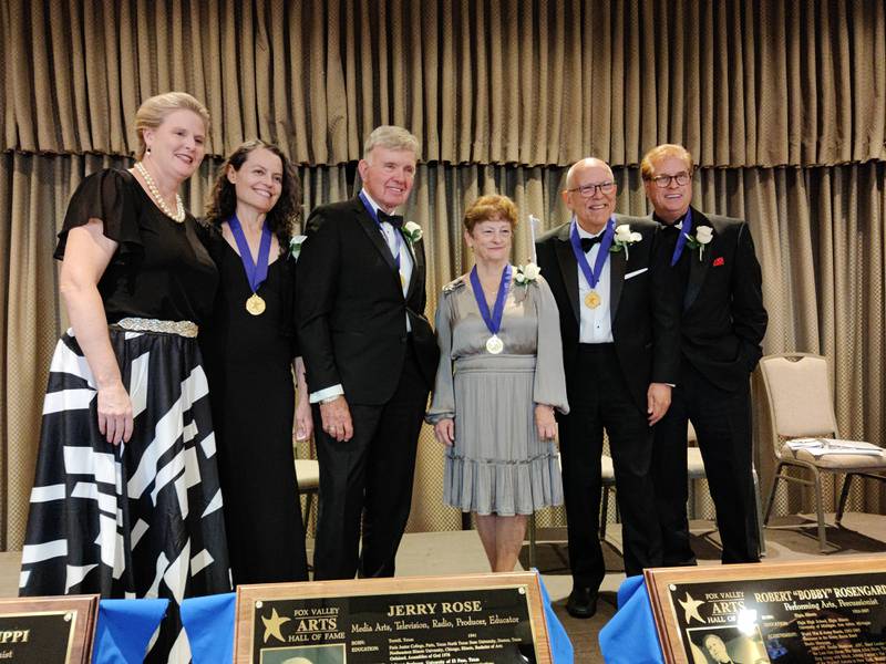 Fox Valley Arts Hall of Fame vice president of selection Susan Starrett (from left), inductees Isabella Lippi, Jerry Rose, Sue Johnson on behalf of the late Bobby Rosengarden, Tom Skilling and gala host and former inductee Jim Gibson.