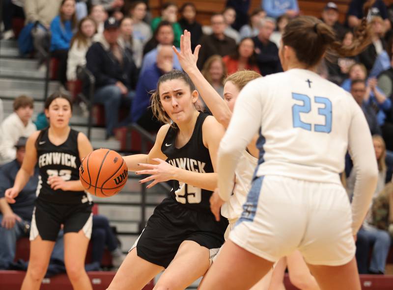 Fenwick's Cam Brusca (25) tries to get past the Nazareth defense during the girls 3A varsity super-sectional game between Nazareth Academy and Fenwick High School in River Forest on Monday, Feb. 27, 2023.