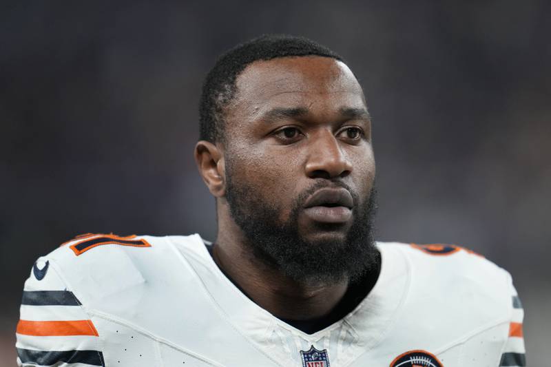 Chicago Bears defensive end Yannick Ngakoue stands on the field before an NFL football game against the Minnesota Vikings no Nov. 27 in Minneapolis.