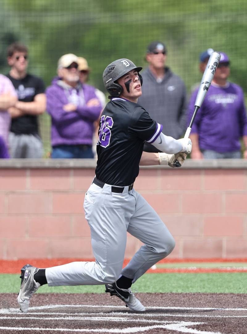 Downers Grove North's Jimmy Janicki (16) watches the ball during the IHSA Class 4A baseball regional final between Downers Grove North and Hinsdale Central at Bolingbrook High School on Saturday, May 27, 2023.