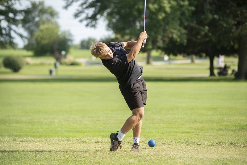 Rock Falls’ Nick Vickers drives off the tee on #1 against Sterling on Wednesday, Sept. 14, 2022.