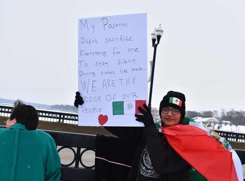 One of the protestors made a sign that symbolizes the voices of the Hispanic community. About 30 people gathered on the First Avenue bridge between Sterling and Rock Falls on Saturday, Feb. 15, 2025, to protest President Donald Trump’s immigration policies.