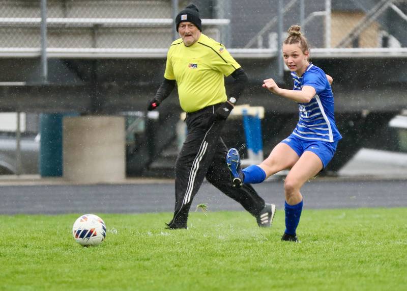 Princeton's Keighley Davis takes a shot against Sterling Thursday at Bryant Field. The Tigresses won 3-1.