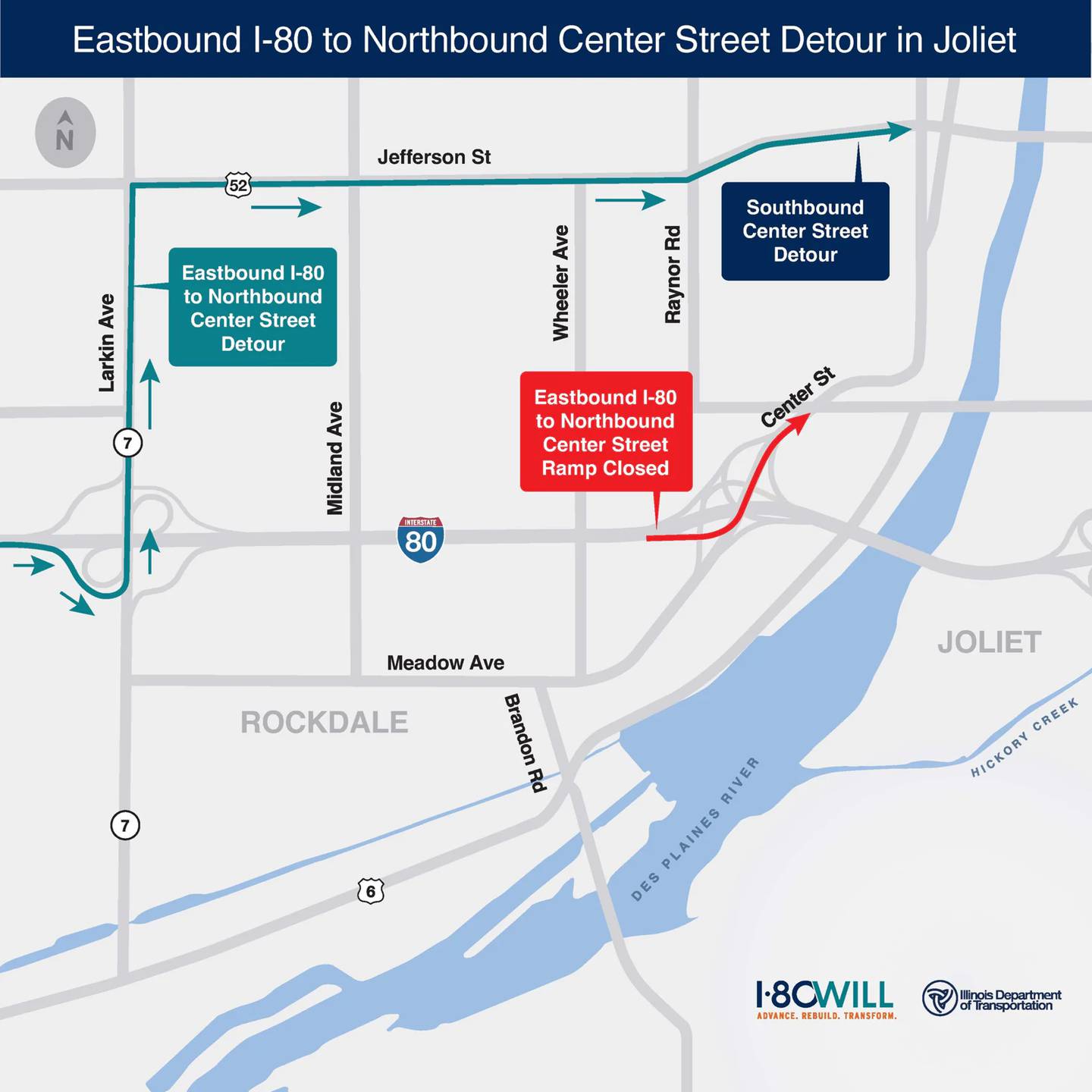 Eastbound I-80 to Northbound Center Street detour in Joliet provided by IDOT.
Tuesday, Dec. 16, 2025.