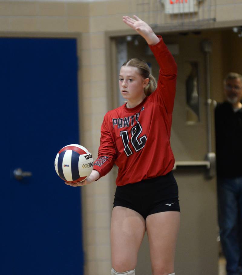 Erie-Prophetstown's Peyton Umstead (12) prepares to serve against Rock Falls' during the championship match at the 2A Sterling Newman Regional on Thursday, Oct. 31, 2024.