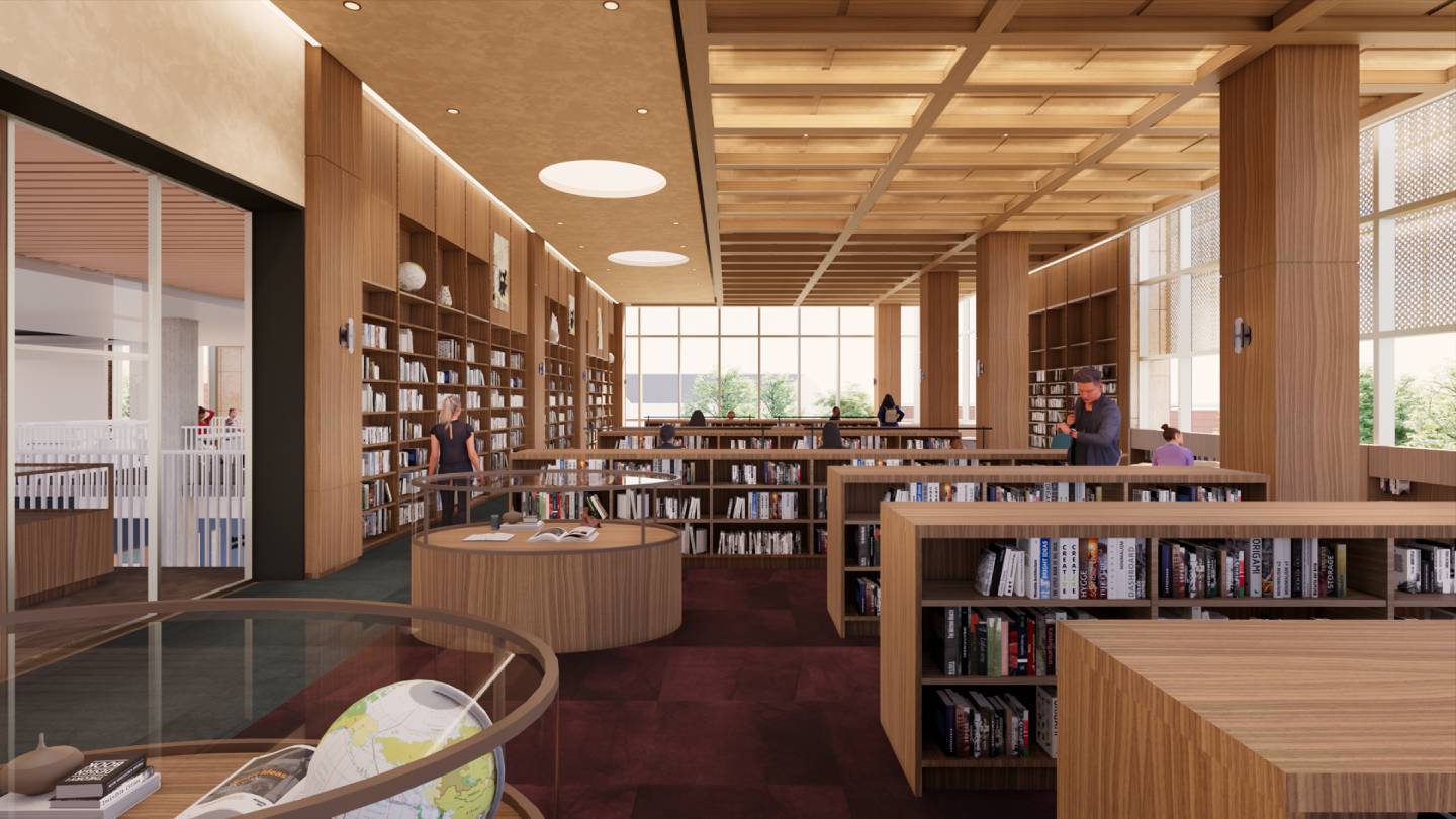 A rendering shows plans for a bright reading room in a new-look Wheaton College Library.