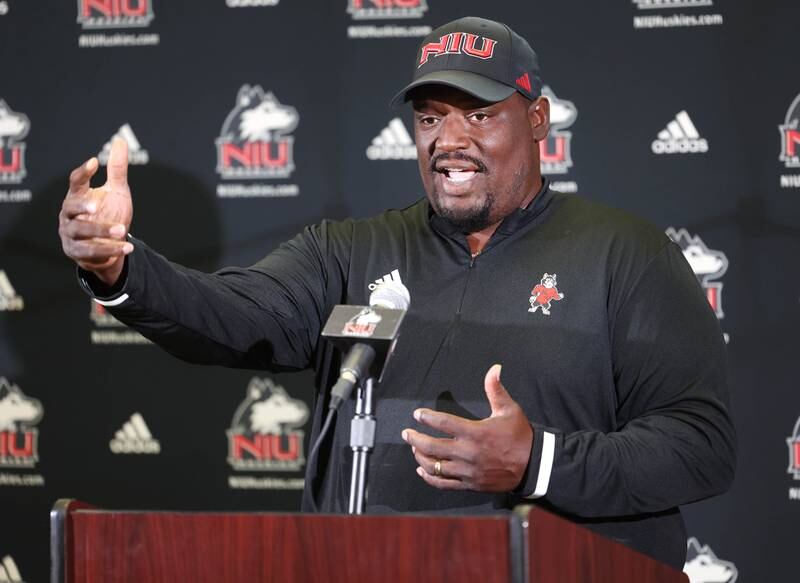 Northern Illinois University head football coach Thomas Hammock talks about the depth on this years roster Tuesday, Aug. 6, 2024, during NIU fall sports media day in the Barsema Hall of Champions at NIU in DeKalb.