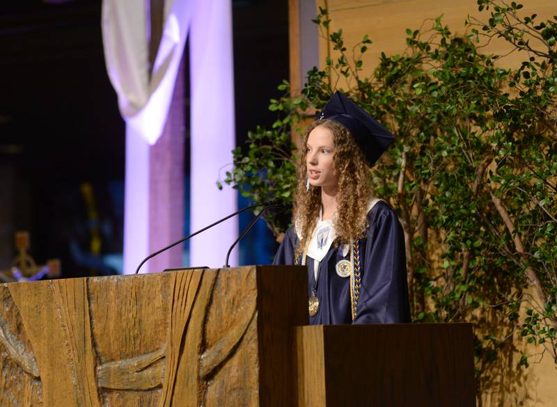 Nazareth Academy Valedictorian Erin Briars addresses her classmates, faculty and familly members during the mass and graduation held on Sunday, May 18, 2025 at Christ Church of Oak Brook.