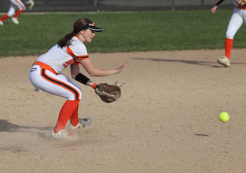 DeKalb's Hazel Montavon plays a grounder Wednesday, April 16, 2025, during their game against Naperville Central at DeKalb High School.