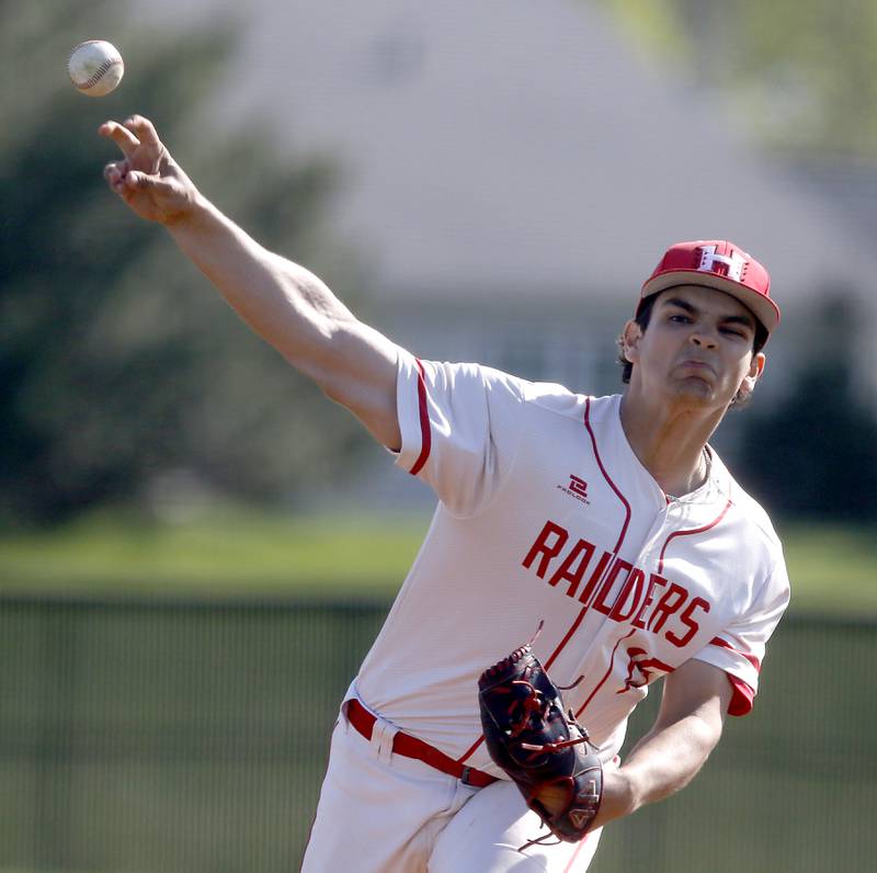 Huntley's Mason Leske throws a pitch during a Fox Valley Conference baseball game against Dundee-Crown on Friday, May 9, 2025, at Huntley High School.