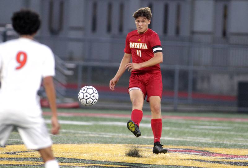 Batavia’s Owen Stahl kicks the ball during a home game against Oswego on Thursday, Sept. 7, 2023.