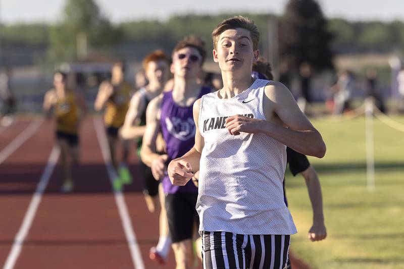 Kaneland’s Gavin Smith comes in second and qualifies for state in the 800 run Wednesday, May 20, 2026, at the Rochelle Class 2A boys track sectionals.