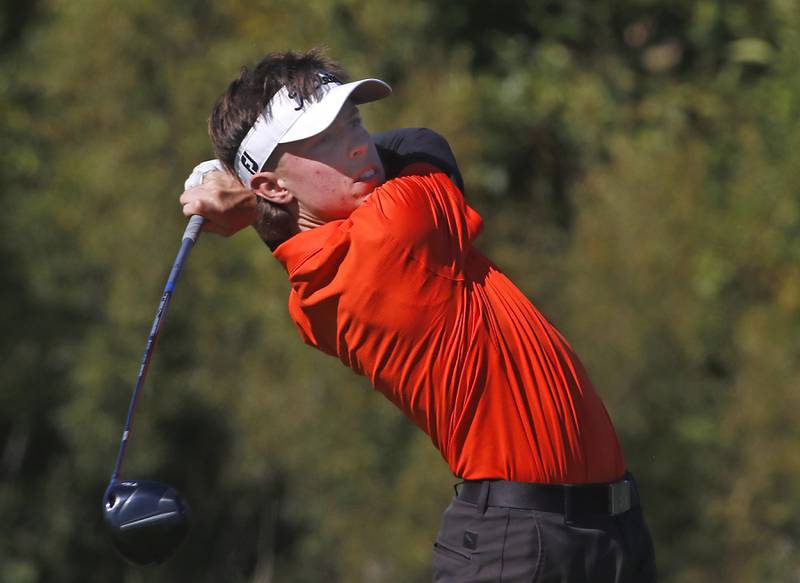 Crystal Lake Central’s Jack Bice watches his tee shot on the eighth hole during the IHSA Class 3A Dundee-Crown Regional golf tournament on Wednesday, Oct. 2, 2024 at Randall Oaks Golf Club in West Dundee.
