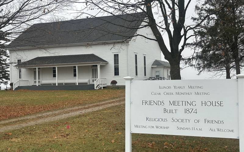 A view of The Clear Creek Meeting House located at 14365 N. 350th Ave., near Magnolia in Putnam County. The meeting house was built in 1875 to house the Illinois Yearly Meeting of the Religious Society of Friends, also known as the Quakers. The Yearly Meeting was the westernmost annual meeting of the Hicksite Friends and attracted followers from several states. The meeting house also hosted the Clear Creek Monthly Meeting, which was attended by local Quakers.