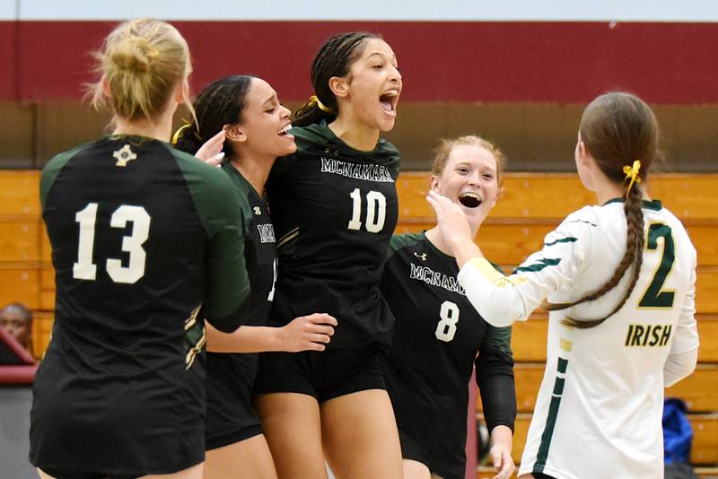 Bishop McNamara's Trinitee Thompson (10) is greeted by teammates, from left, Emma Thyfauly, Jersey Slone, Jessica Born and Gianna Brosseau after scoring a point for the Fightin' Irish in their All-City win at Kankakee Wednesday, Sept. 3, 2025.