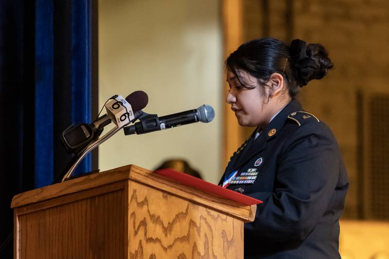 Yazmine Alvarado delivers a student reading during the Veterans Day Assembly at Joliet Central High School on Nov. 7, 2025.