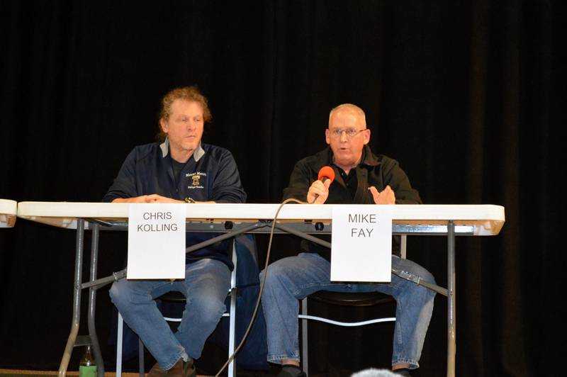 Mt. Morris Village Board incumbent Trustees Chris Kolling, left, and Mike Fay, right, participate in a Candidates Night at Pinecrest Grove hosted by the Mt. Morris Economic Development Group. Kolling and Fay are running for election. All candidates running for the Oregon School District Board of Education and for the Mt. Morris Village Board were invited to the March 23, 2023, event.