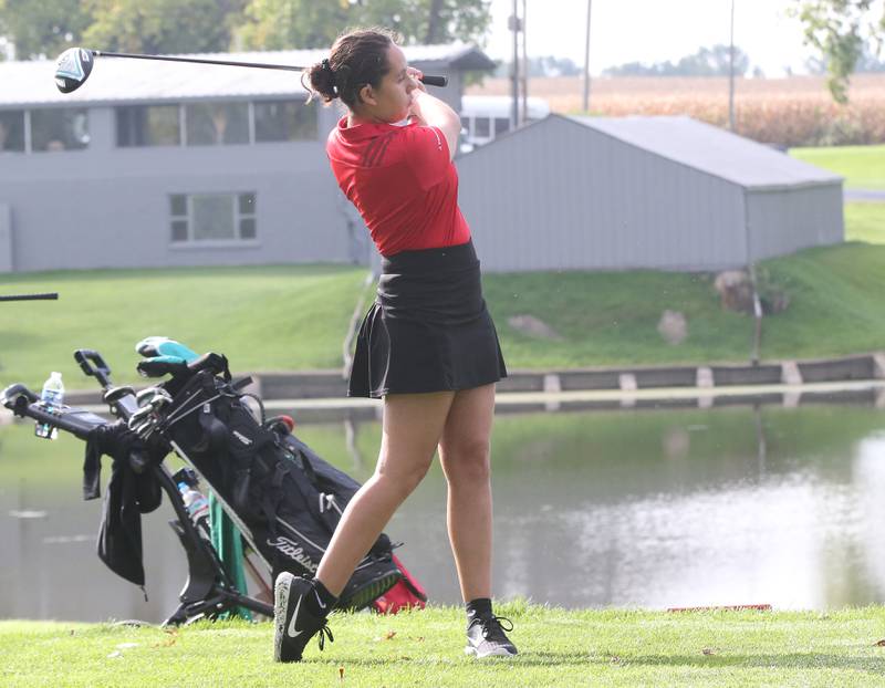 Hall's Jamie Valadez tees off during the Class 1A Regional golf meet on Thursday, Sept. 28, 2023 at Spring Creek Golf Course in Spring Valley.