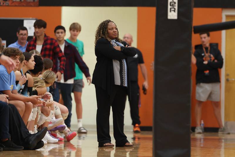 Joliet Catholic head coach Kisha Cameron watches the match against Minooka on Wednesday, Sept. 4, 2024 in Minooka.