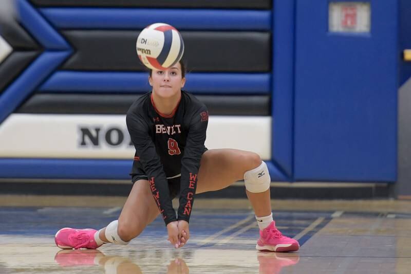 Benet’s Christine Pullen (9) returns the serve from St. Charles North during a game on Wednesday, September 20, 2023.