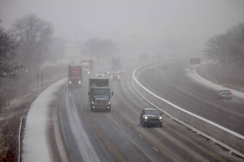 Vehicles traveling through Interstate 55 in Joliet on Wednesday, Feb. 12, 2025.