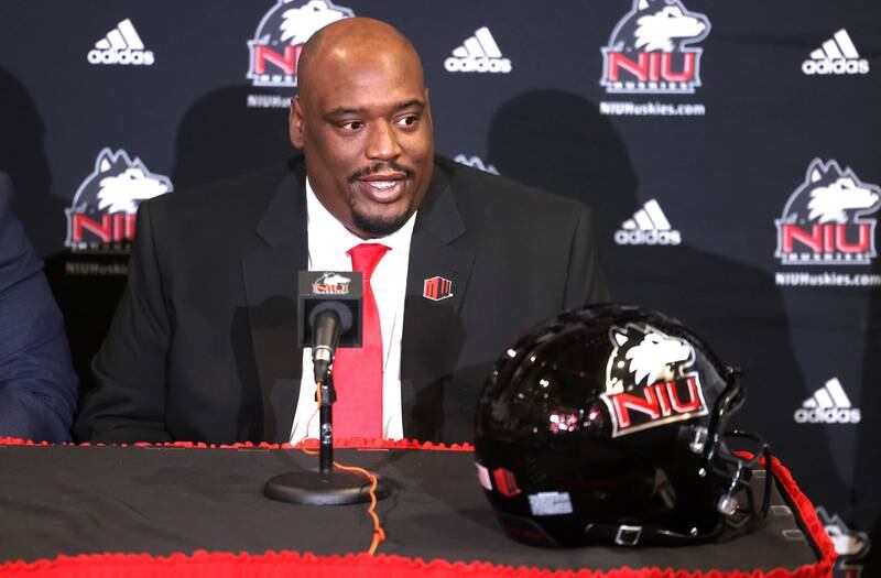 Northern Illinois University head football coach Thomas Hammock answers a question during a press conference Tuesday, Jan. 7, 2025, announcing that NIU football will be joining the Mountain West Conference starting with the 2026 season.
