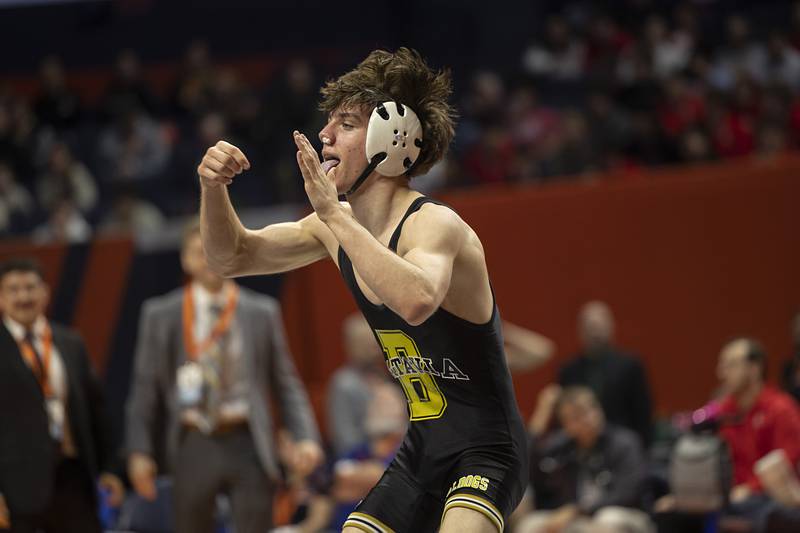 Batavia’s Kai Enos celebrates his win in the 2A 120 pound class Saturday, Feb. 21, 2026, at the IHSA wrestling finals in Champaign.