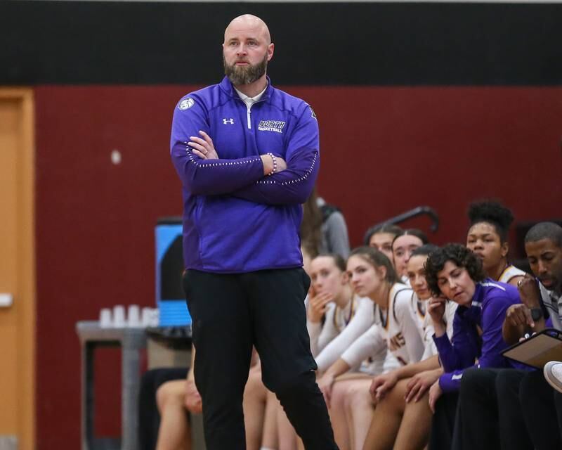 Downers Grove North's head coach Stephan Bolt looks on during their Regional Final basketball game between Downers Grove North at Plainfield North. Feb 20, 2025 in Plainfield.