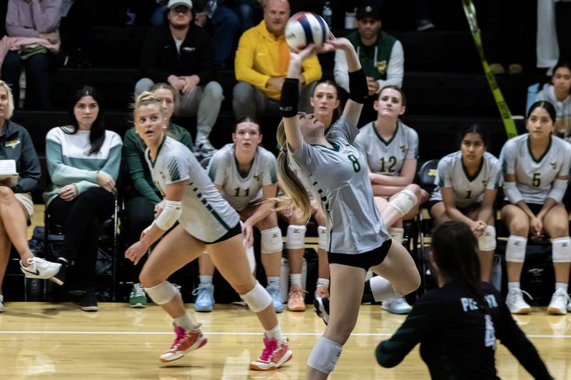 Waubonsie Valley's Hannah Krause sets-up a teammate during a 4A girls varsity volleyball sectional against Lockport at Joliet West on Nov. 4, 2025.