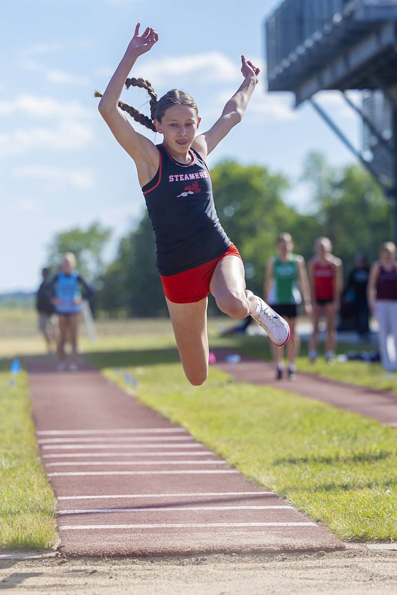 Fulton’s Paisley VanZuiden takes off in the triple jump Wednesday, May 13, 2026, during the Class 1A Erie Sectional meet.