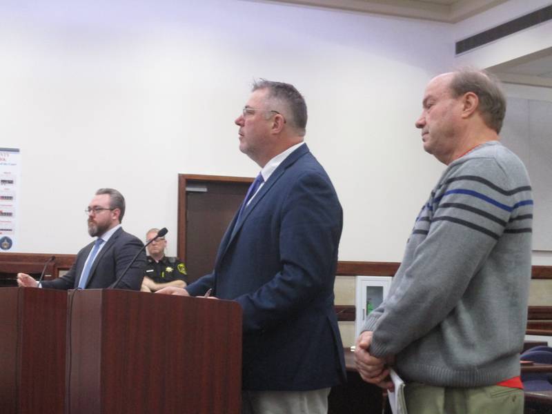 Todd Milliron of Yorkville, right, and his attorney Ed Mullen, center, appear in a Kendall County courtroom on March, 29, 2023. At left is Assistant State's Attorney Ryan Zaborowski.