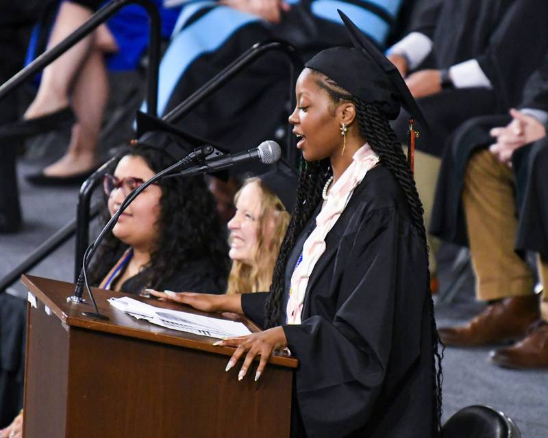 DeKalb High School senior class president Kwmya Calvin speaks at the graduation ceremony on Saturday May 23, 2026, held at the Convocation Center in DeKalb.