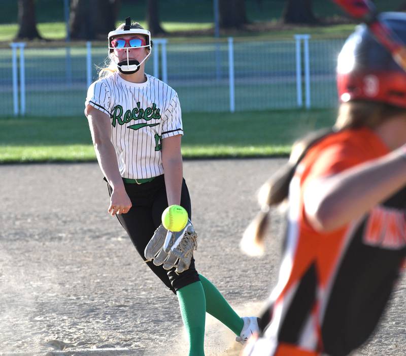 Rock Falls'  Zoey Silva pitches against Winnebago during the 2A Oregon Regional semifinal on Wednesday, May 20, 2026.