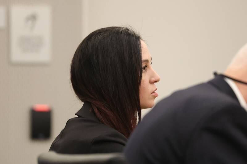 Erin Zilka listens to testimony from an Accident Reconstruction expert at her trial at the Will County Courthouse on Wednesday, June 28th, 2023 in Joliet. The former Joliet police officer Erin Zilka is on trial on aggravated DUI charges following a deadly 2020 crash where her passenger, Berwyn police officer Charles Schauer, 33, of Glen Ellyn, was killed.