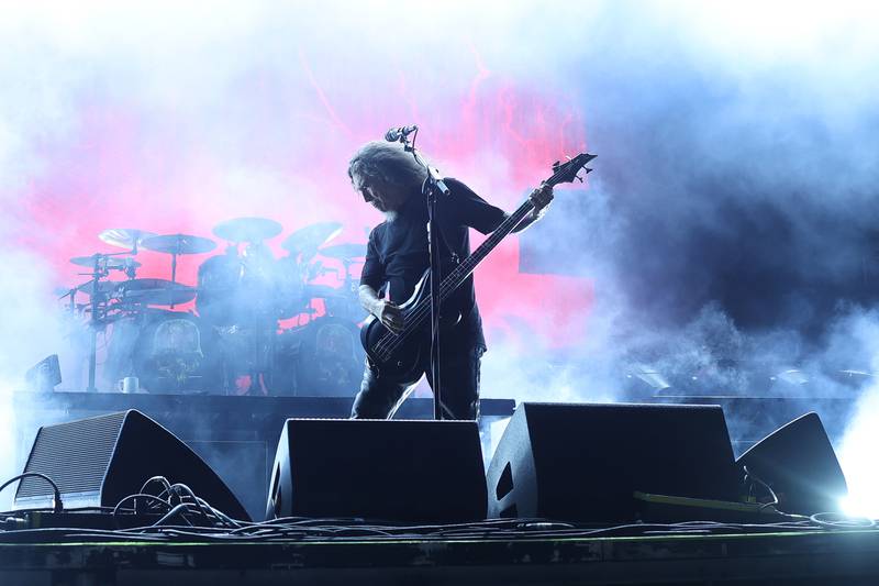 Tom Araya of Slayer performs for the first time in nearly five years at Riot Fest on Sunday, Sept. 22, 2024 in Chicago.