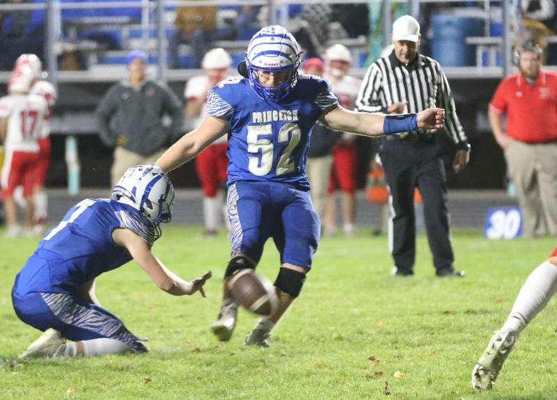 Princeton place kicker Ian Morris nails a field goal against Oregon during the Class 3A playoff game on Friday, Nov. 1, 2024 at Princeton High School.