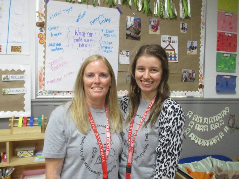 Teacher Katelyn Plazola, right, and paraprofessional Jen Donahue are a classroom team at Yorkville School District Y115's Early Childhood Center, seen here during an open house on Nov. 9, 2022.