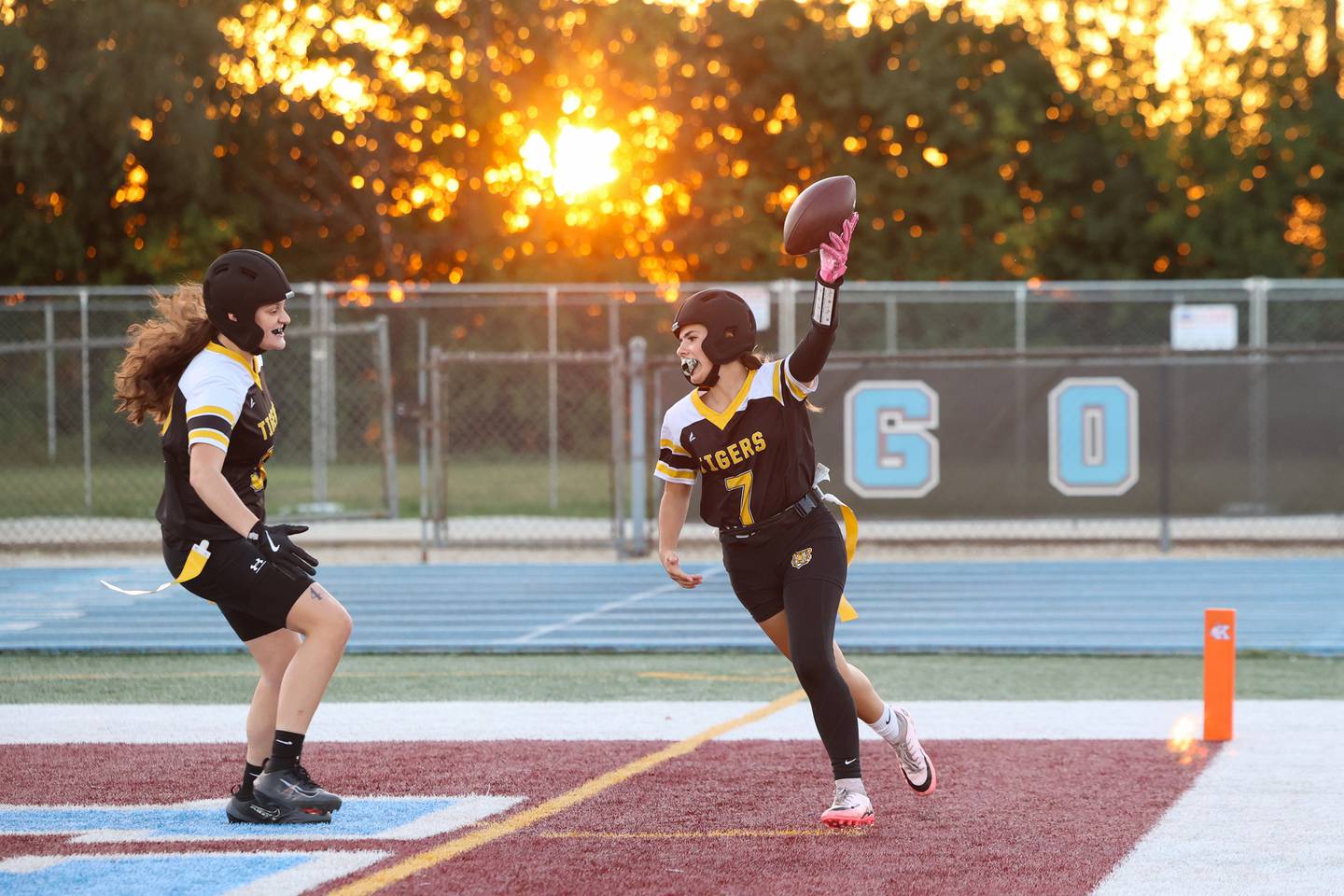 Joliet West's Mallory Crisafulli celebrates a touchdown during the Tigers' 13-7 loss to Oswego on Tuesday, Oct. 7, 2025.