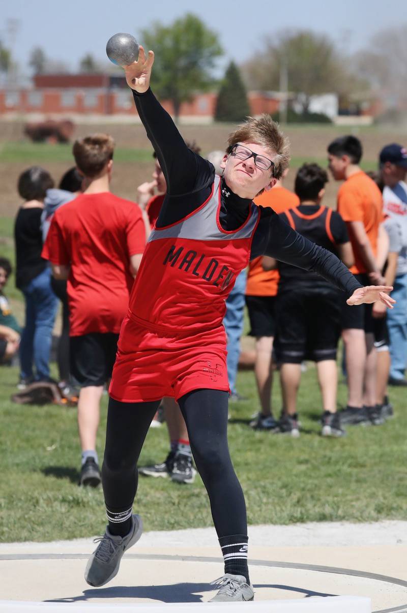 Malden's Konnor Cain throws the shot in the Bureau County Junior High School track meet.