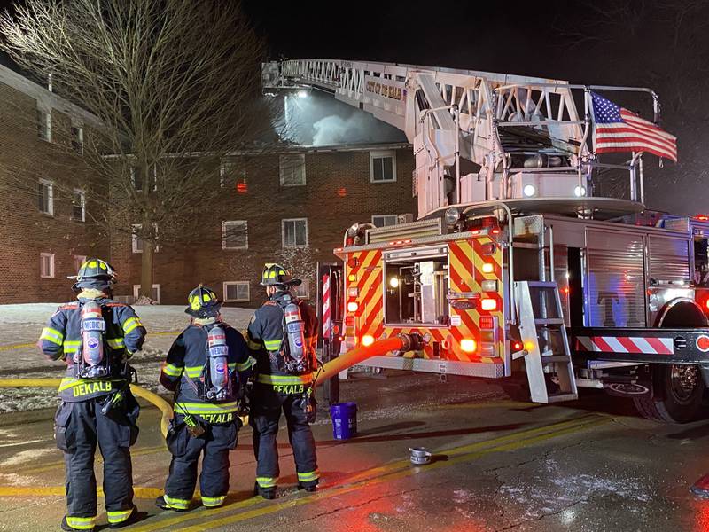 Crews from DeKalb and other agencies across northern Illinois battle an apartment fire that spread throughout the building at 1024 W. Hillcrest Drive on Sunday, Dec. 22, 2024.