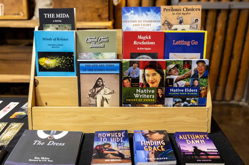 Books by award-winning Ojibwa author Kim Sigafus are on display during the We, the Native People presentation at the Isle a la Cache Museum in Romeoville on March 14, 2026.
