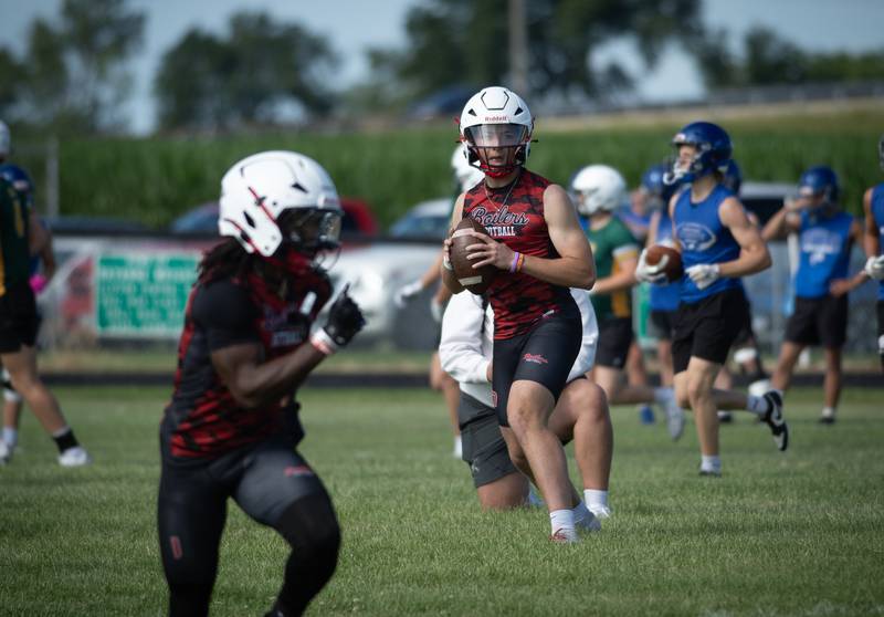 A Bradley-Bourbonnais player prepares to pass during the 7 on 7 football at Central High School on Saturday, July 12, 2025.