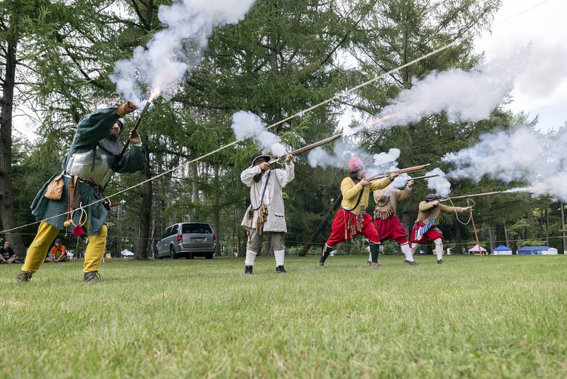 Members of the Guild of St. Michael - Trained Bande of Bristol demonstrate 15th and 16th century replica rifles Saturday, Sept. 21, 2024, at Lowell Park’s Fall and Fantasy Fest.