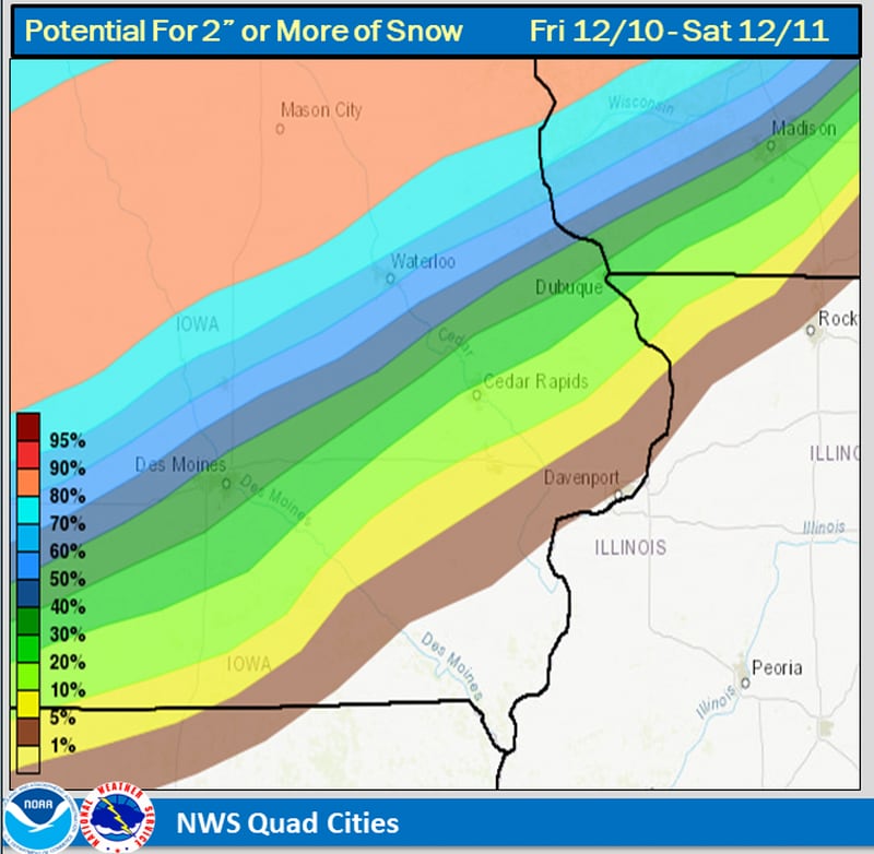 National Weather Service map showing percentage chance of snow on Thursday and Friday.